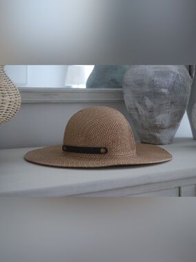 Toucan Woven Straw Wide Brim Hat in Tan with Black Band